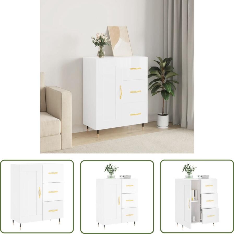 The Living Store Dressoir 69 5x34x90 cm bewerkt hout hoogglans wit Dressoir Klassiek Meubel Witte Dressoirs Houten Dressoir Opslagmeubel - Foto 2