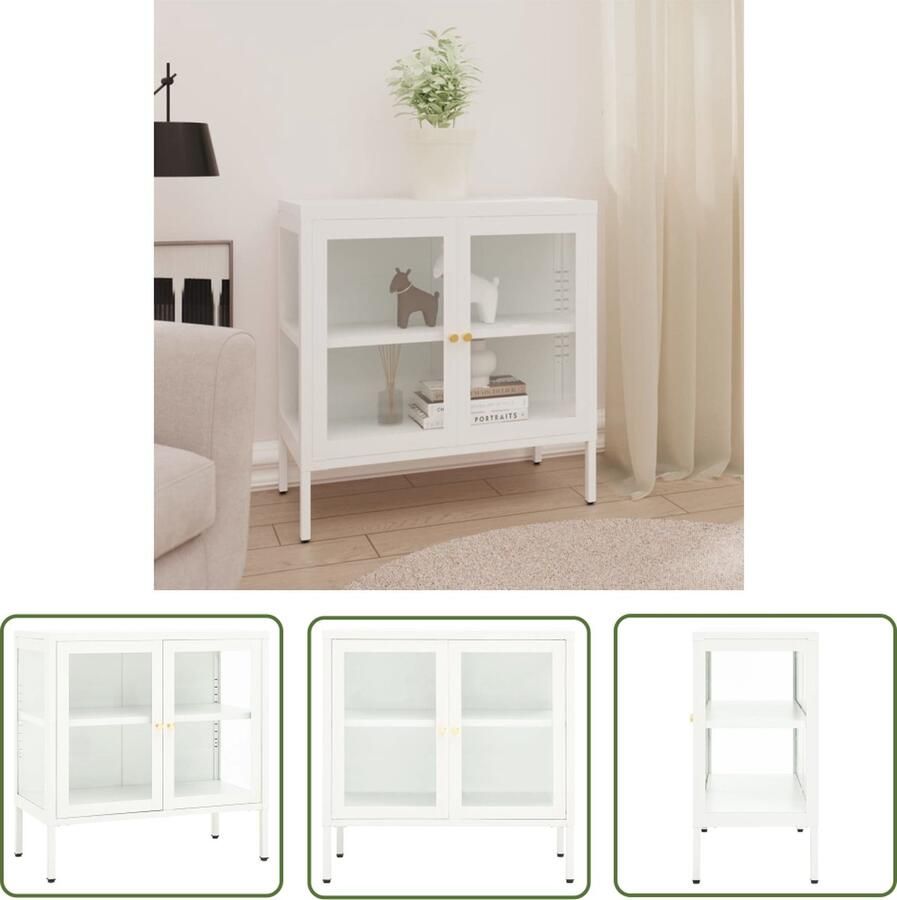 The Living Store Dressoir 70x35x70 cm staal en glas wit Dressoir Opbergkast Staaldraad Glas Meubilair