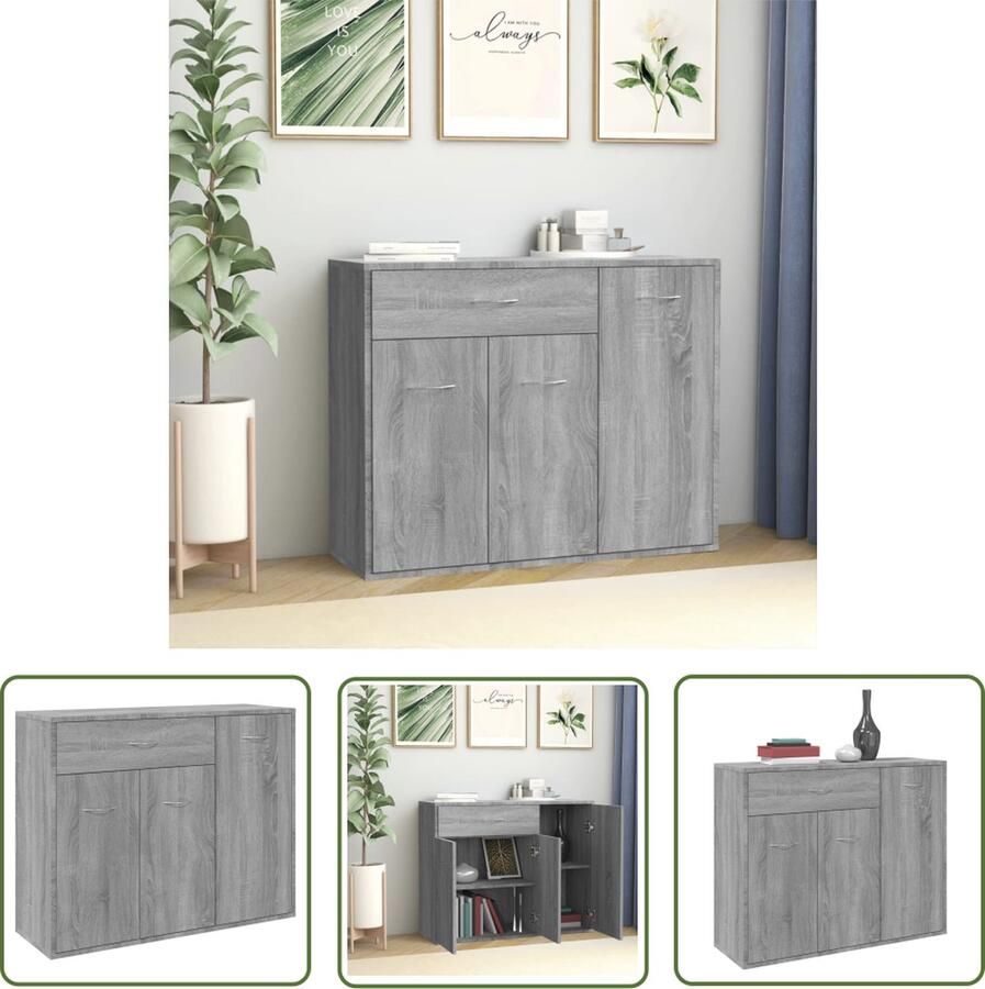 The Living Store Dressoir 88x30x70 cm bewerkt hout grijs sonoma eikenkleurig Dressoir Salontafel Houten Dressoir Opbergmeubels Woonkamerinrichting