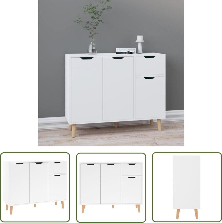 The Living Store Dressoir 90x30x72 cm bewerkt hout hoogglans wit Dressoir Bijzettafel Salontafel Opbergkast Witte Kast