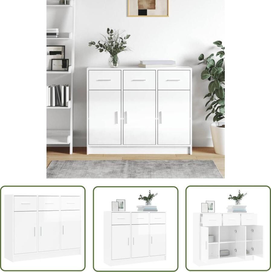The Living Store Dressoir 91x28x75 cm bewerkt hout hoogglans wit Dressoir Opbergkast Buffetkast Witte Dressoir Houten Dressoir
