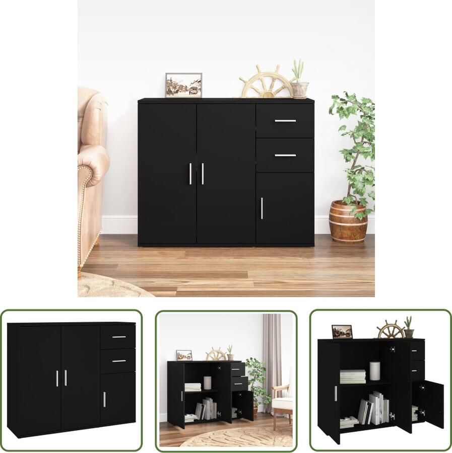 The Living Store Dressoir 91x29 5x75 cm bewerkt hout zwart Dressoir Klassiek Dressoir Zwarte Dressoir Houten Dressoir Opslagmeubilair