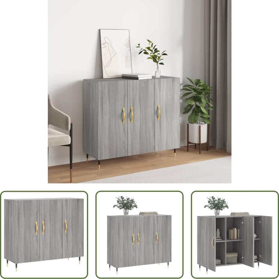 The Living Store Dressoir 90x34x80 cm bewerkt hout grijs sonoma eikenkleurig Dressoir Salontafel Houten Dressoir Grijze Dressoir Landelijk Dressoir