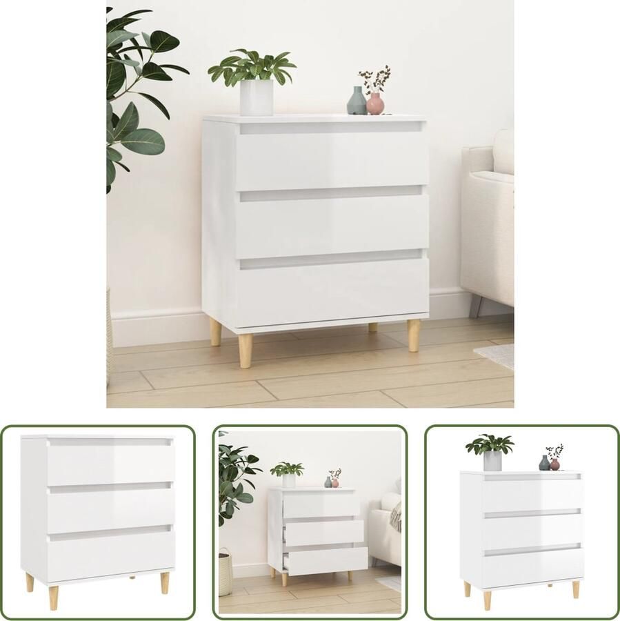 The Living Store Dressoir 60x35x70 cm bewerkt hout hoogglans wit Dressoir Commode Badkamermeubilair Woonkamermeubels Opslag