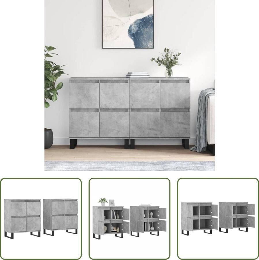 The Living Store Dressoirs 2 st bewerkt hout betongrijs Dressoir Beton Grijs Houten Dressoir Opbergkast Display Kast