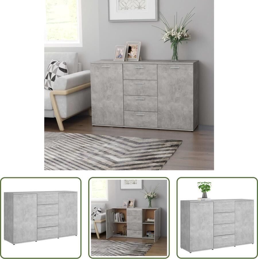 The Living Store Dressoir Betongrijs 120 x 35.5 x 75 cm 2 deuren 4 lades