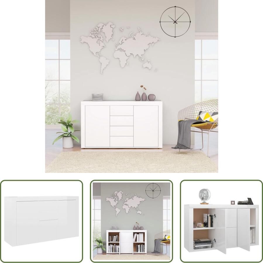 The Living Store Dressoir 120x36x69 cm bewerkt hout hoogglans wit Dressoir Bijzettafels Opbergkasten Salontafel Witte Meubels