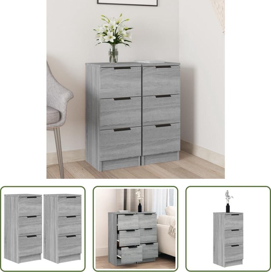 The Living Store Dressoirs 2 st 30x30x70 cm bewerkt hout grijs sonoma eikenkleur Dressoir Bijzetkast Houten Dressoir Grijze Dressoir Salontafel