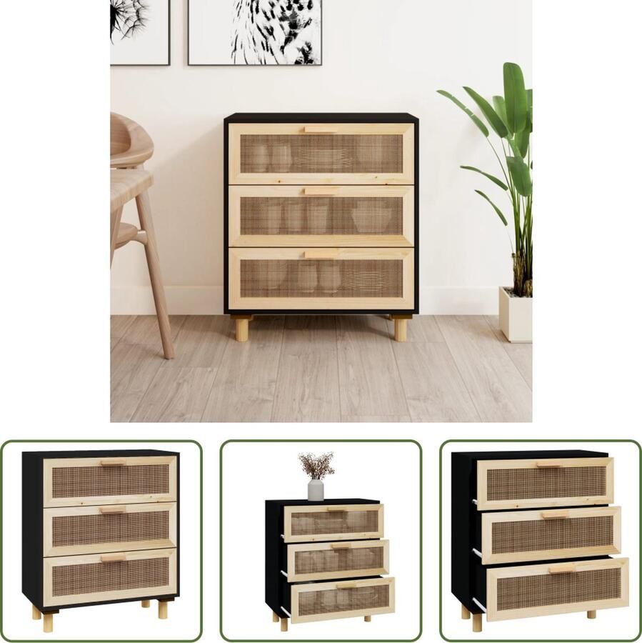 The Living Store Dressoir 60x30x70 cm massief grenen hout en rattan zwart Dressoir Commode Opbergkast Salontafel Livingroom Furniture