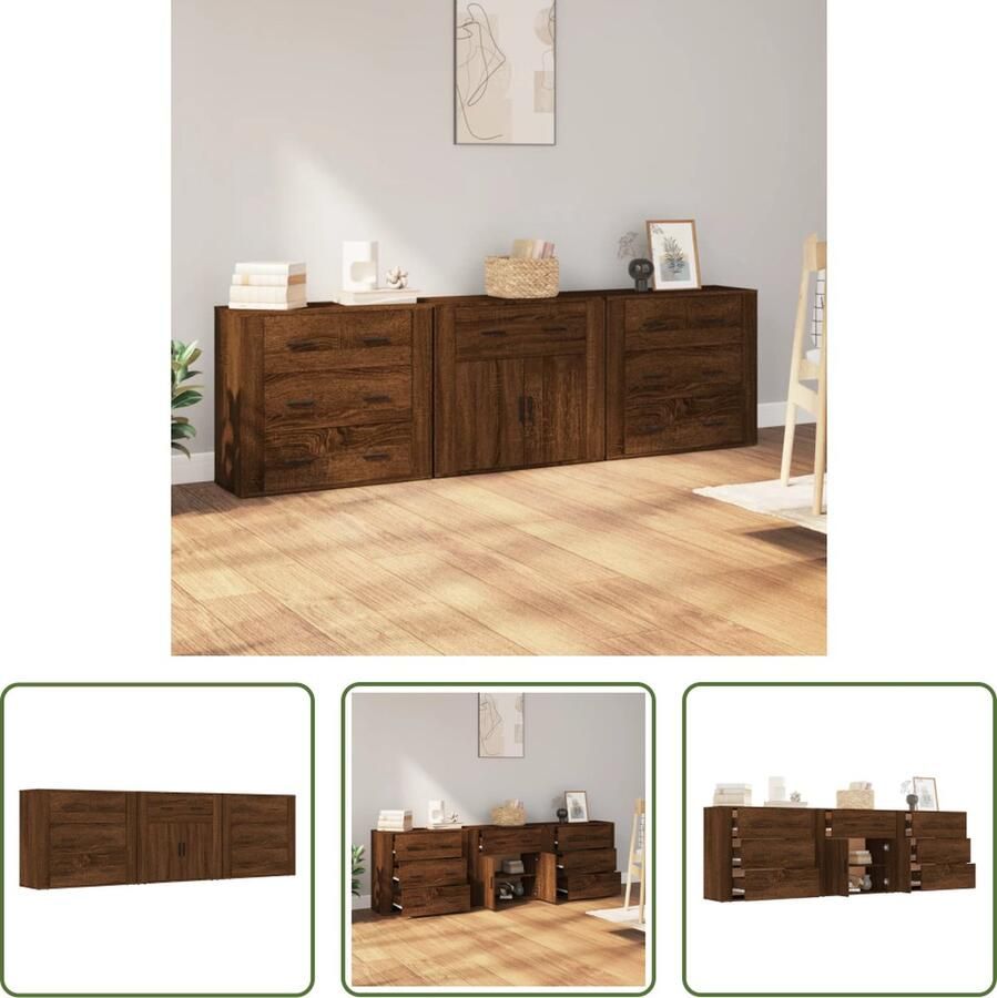 The Living Store Dressoirs 3 st bewerkt hout bruineikenkleurig Keukenkast