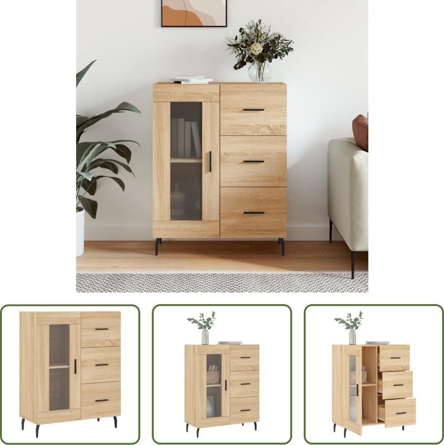 The Living Store Dressoir Classic 69.5 x 34 x 90 cm Sonoma eiken Hout metaal glas