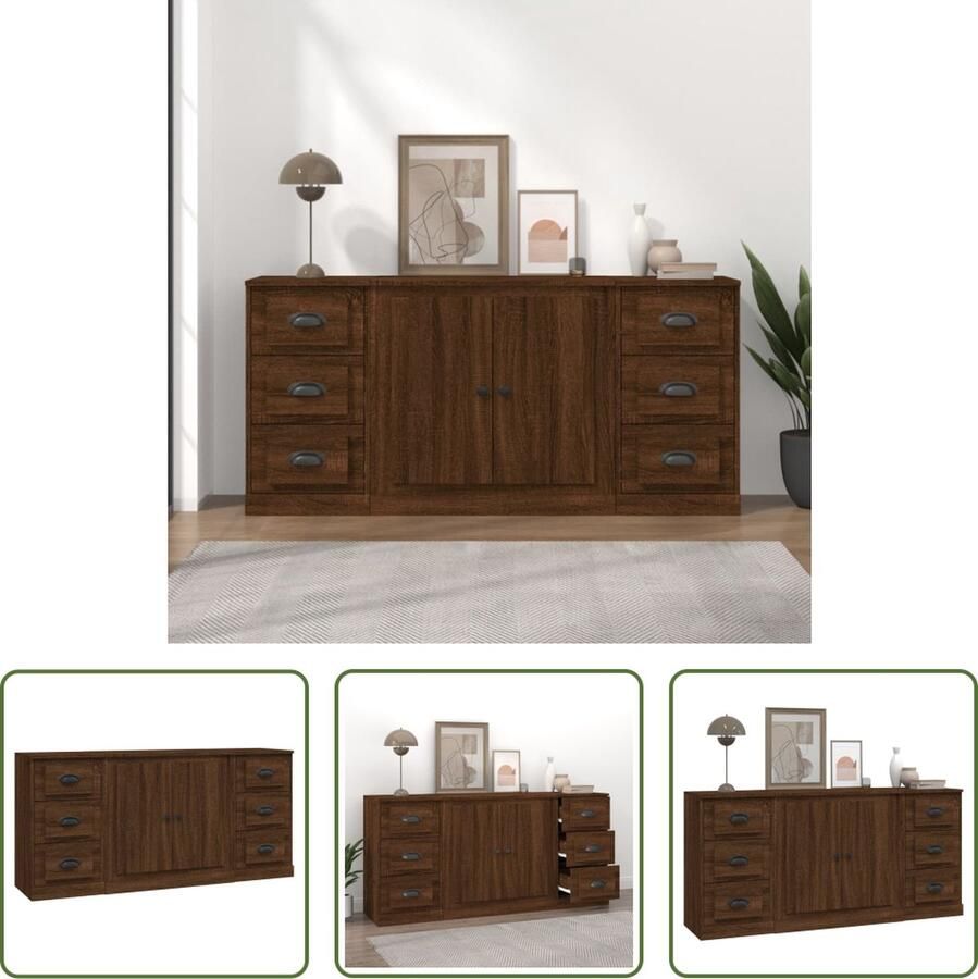 The Living Store Dressoirs 3 st bewerkt hout bruineikenkleurig Keukenkast