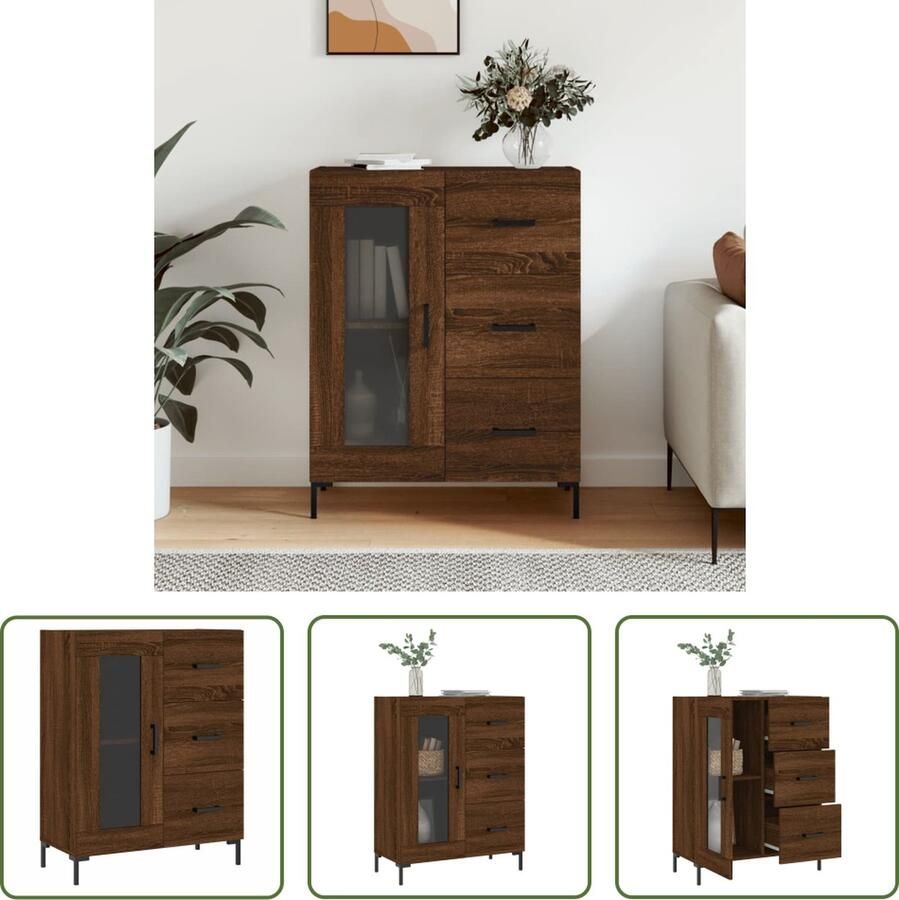 The Living Store Dressoir Bruineiken 69.5 x 34 x 90 cm Duurzaam materiaal Metalen poten Voldoende opbergruimte Stevig blad Praktische deuren Montage vereist - Foto 2