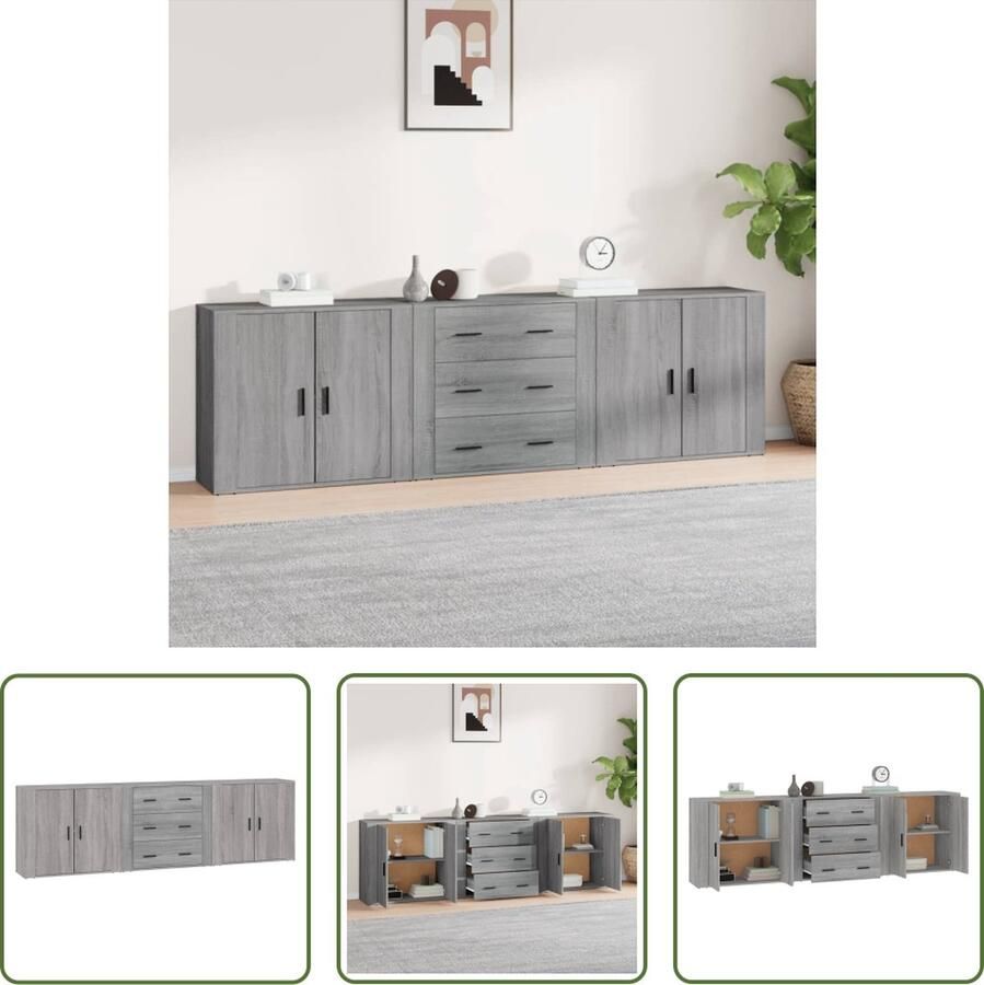 VidaXL Grijze Dressoirs 3 st bewerkt hout grijs sonoma eikenkleurig Houten Dressoirs Sonomakleur Vintage Dressoirs