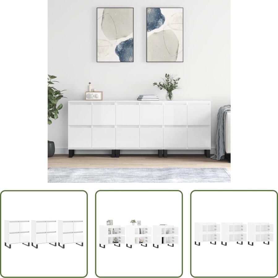 The Living Store Dressoirs 3 st bewerkt hout hoogglans wit Dressoir Commode Opslagoplossing Woonkamerinrichting Slaapkamerinrichting