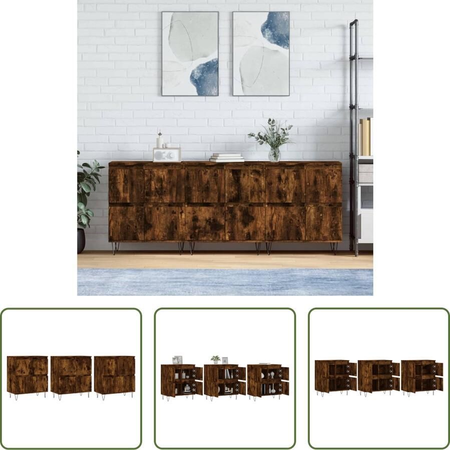 The Living Store Dressoirs 3 st bewerkt hout gerookt eikenkleurig Dressoir Houten Dressoir Vintage Dressoir Landelijk Dressoir Salontafel