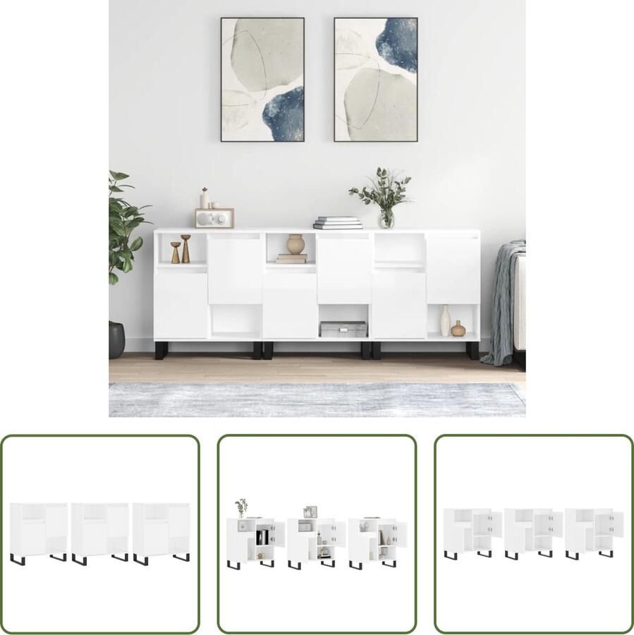 The Living Store Dressoirs 3 st bewerkt hout hoogglans wit Dressoir Vintage Dressoir Houten Dressoir Modern Dressoir White Dresser