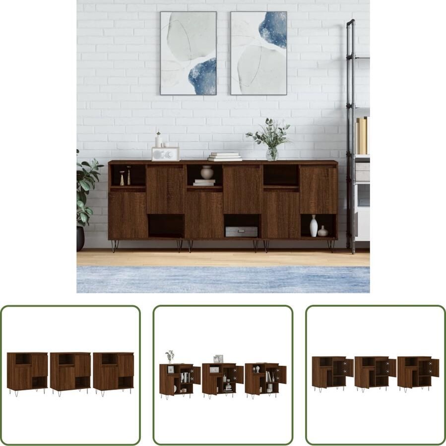 The Living Store Dressoirs 3 st bewerkt hout bruin eikenkleur Dressoir Houten Dressoir Vintage Dressoir Landelijk Dressoir Salontafel