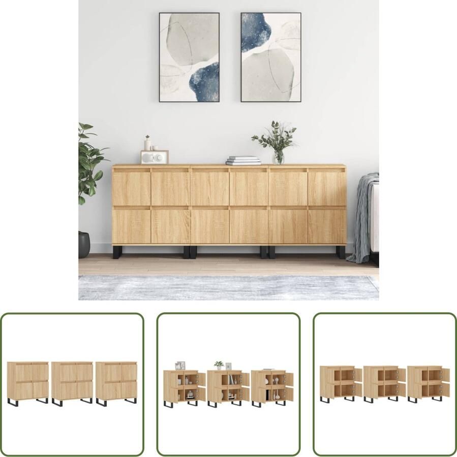 The Living Store Dressoirs 3 st bewerkt hout sonoma eiken Dressoir Kasten Salontafel Woonkamermeubilair Houten Dressoir