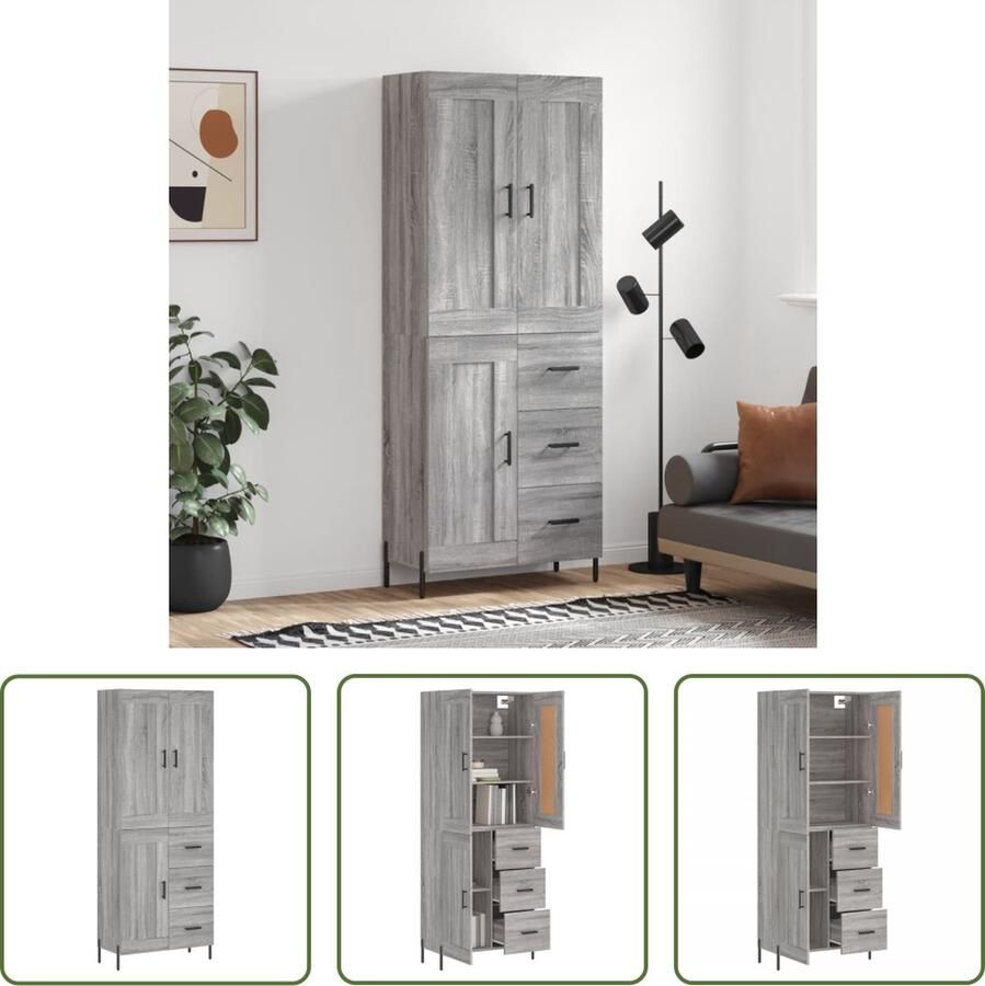 The Living Store Hoge kast 69 5x34x180 cm bewerkt hout grijs sonoma eikenkleurig Hoge Kast Dressoir Buffetkast Opbergkast Grijze Kast