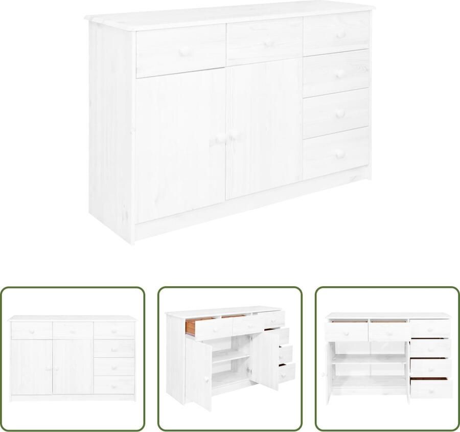 The Living Store Dressoir Grenenhout 113x35x73 cm Wit Met 6 lades en 2 deuren