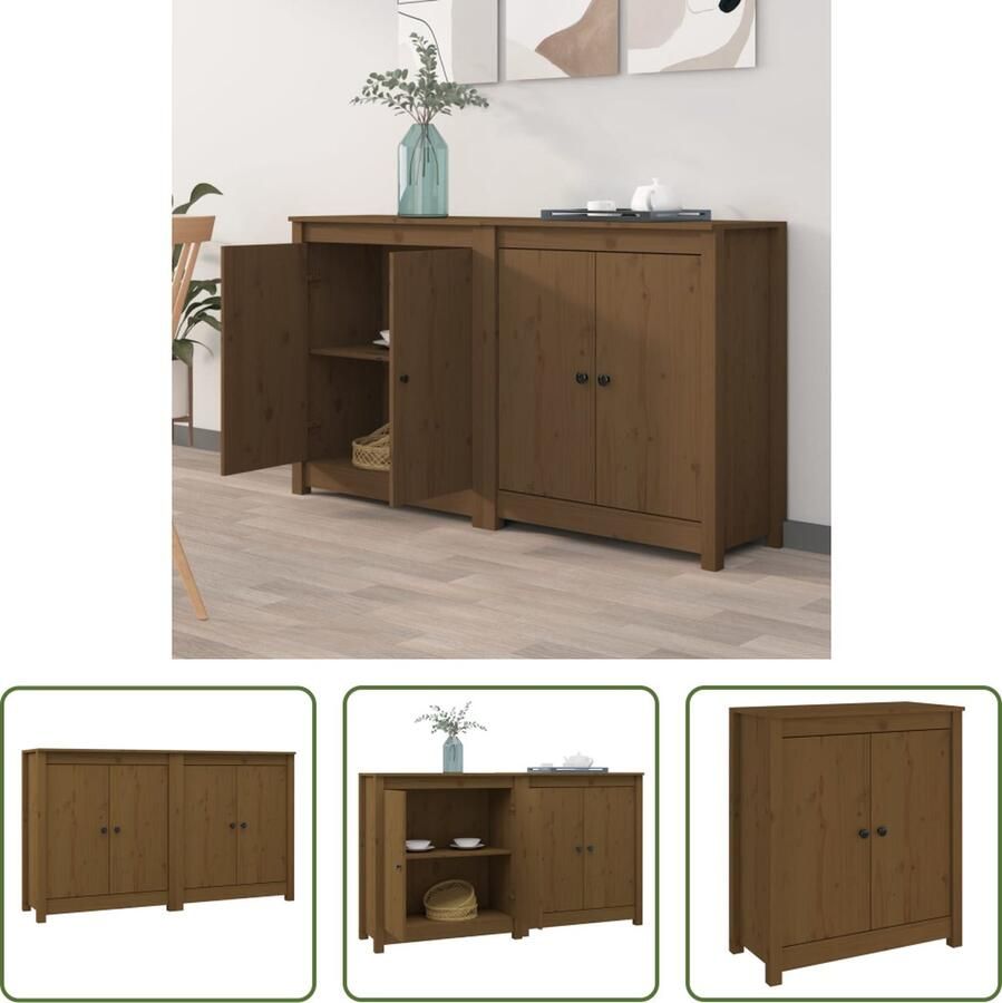 The Living Store 2 st Dressoirs 70x35x80 cm massief grenenhout honingbruin Keukenkast