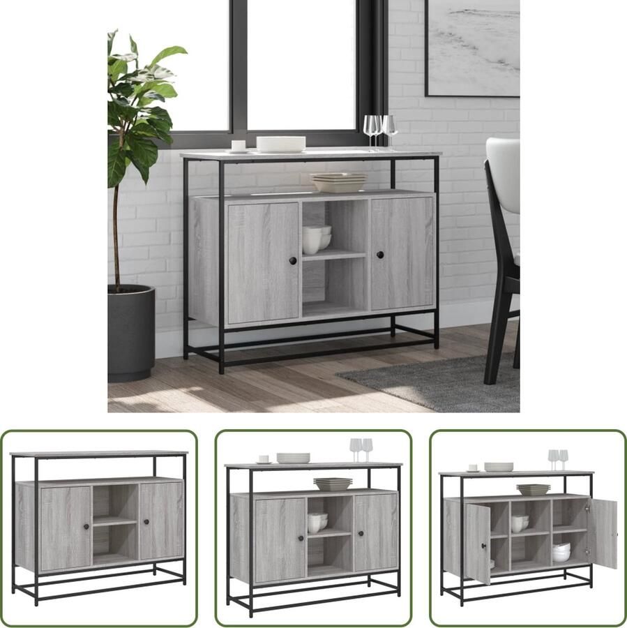 The Living Store Dressoir 100x35x80 cm bewerkt hout grijs sonoma Dressoir Grijze Eikenhouten Meubels Woonkamerinrichting Opbergkasten Tv Stand