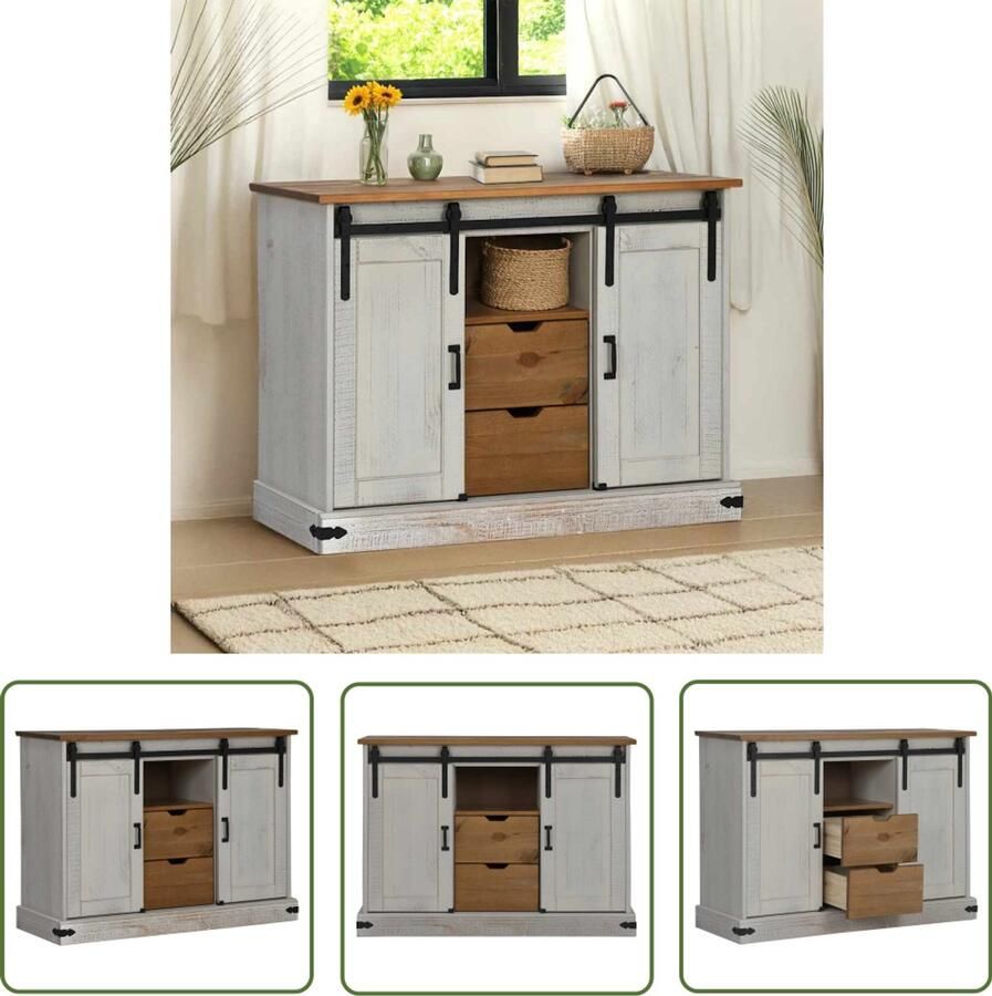 The Living Store Dressoir HALDEN 2 schuifdeuren 112x40x80 cm massief hout wit Dressoir Halden Tv-meubel Opbergkast Salontafel