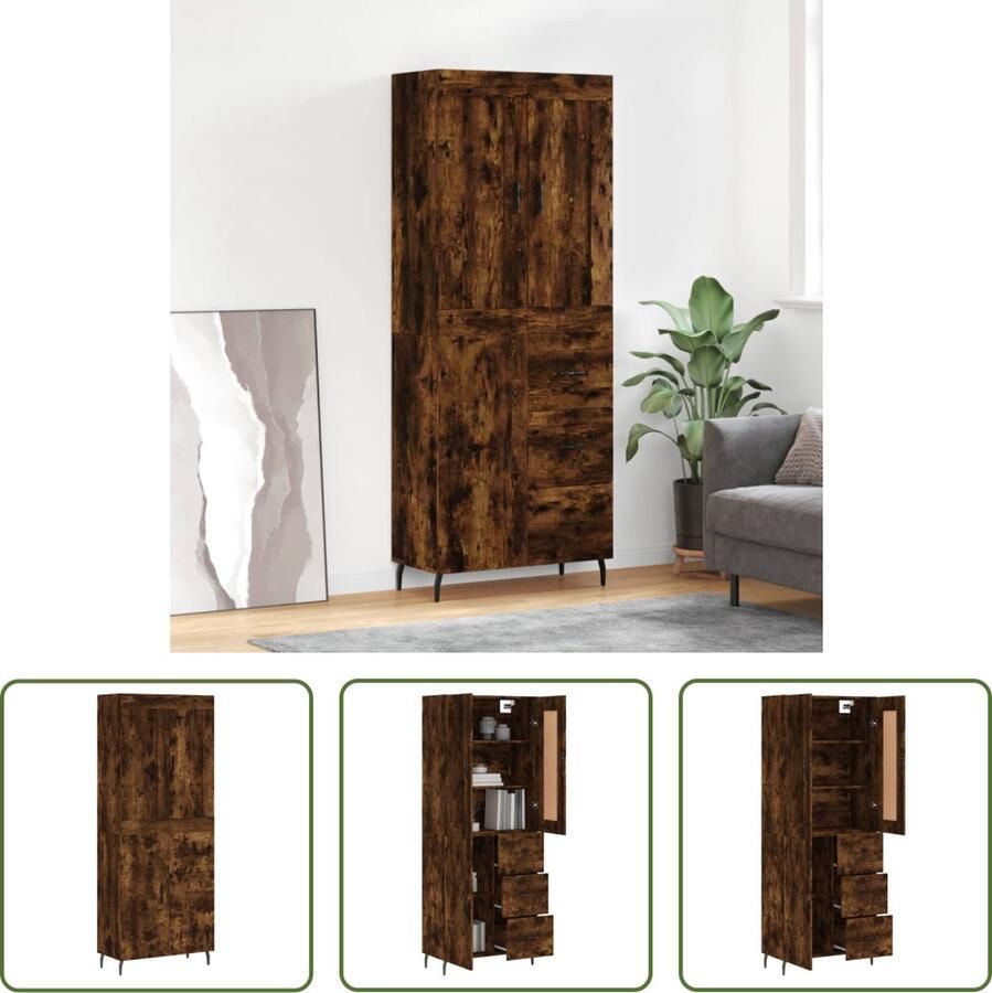 VidaXL The Living Store Hoge kast 69 5x34x180 cm bewerkt hout gerookt eikenkleurig Hoge Kast Dressoir Buffetkast Opbergkast Houten Kast - Foto 3