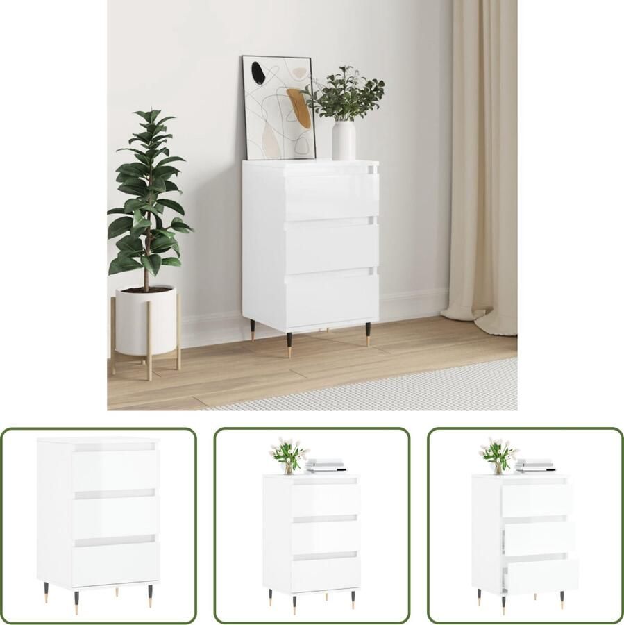 The Living Store Dressoir Hoogglans wit 40 x 35 x 70 cm 3 lades Bewerkt hout en metaal