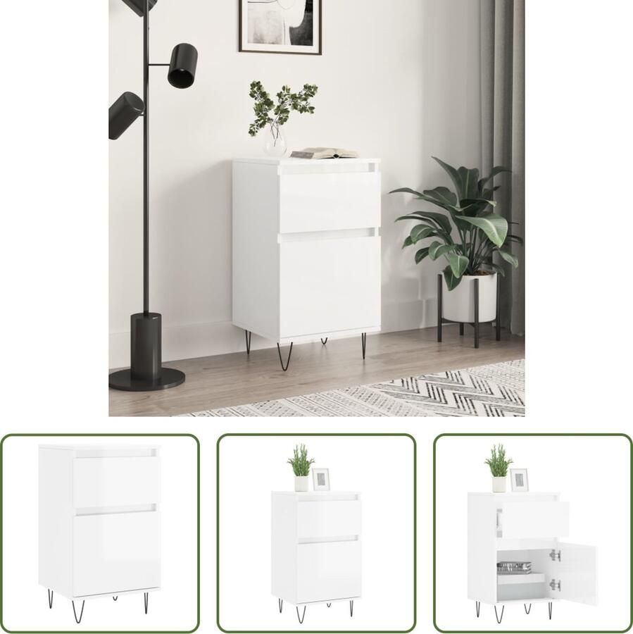 The Living Store Dressoir Hoogglans wit 40 x 35 x 70 cm Bewerkt hout en ijzer - Foto 2
