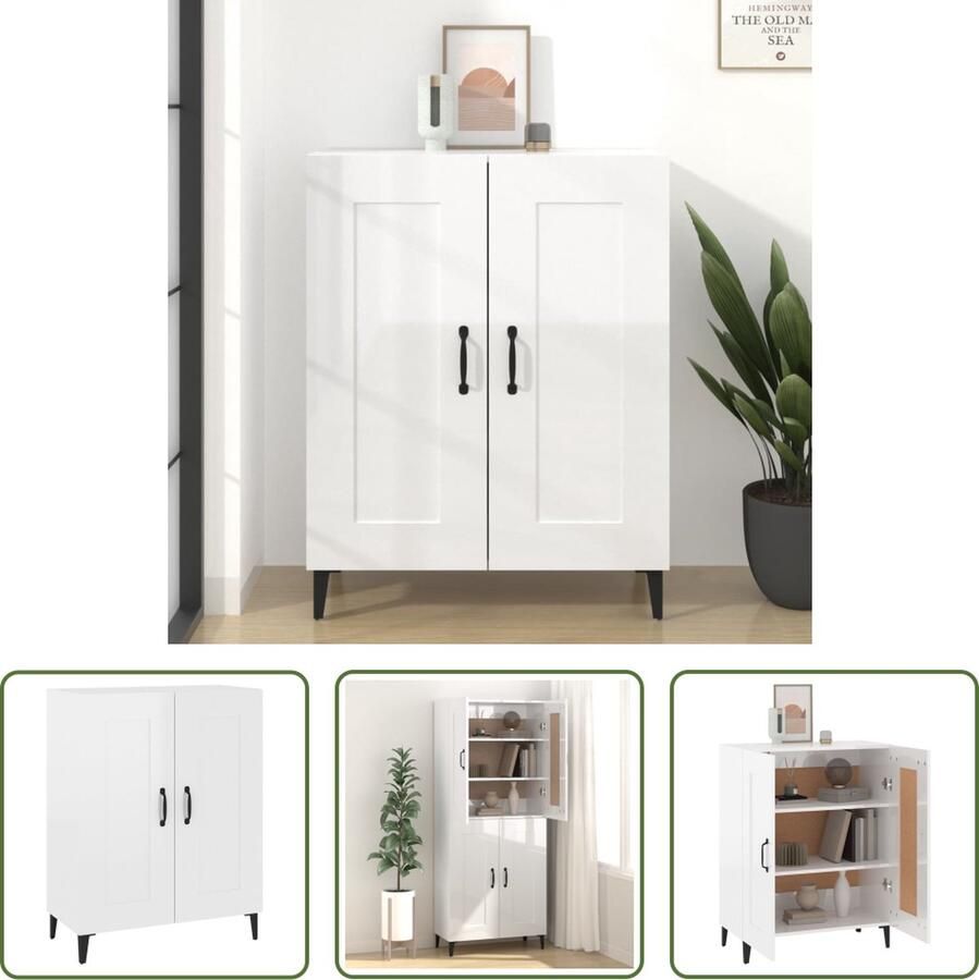 The Living Store Dressoir 69 5x34x90 cm bewerkt hout hoogglans wit Dressoir Kast Salontafel Woonaccessoires Witte Meubels