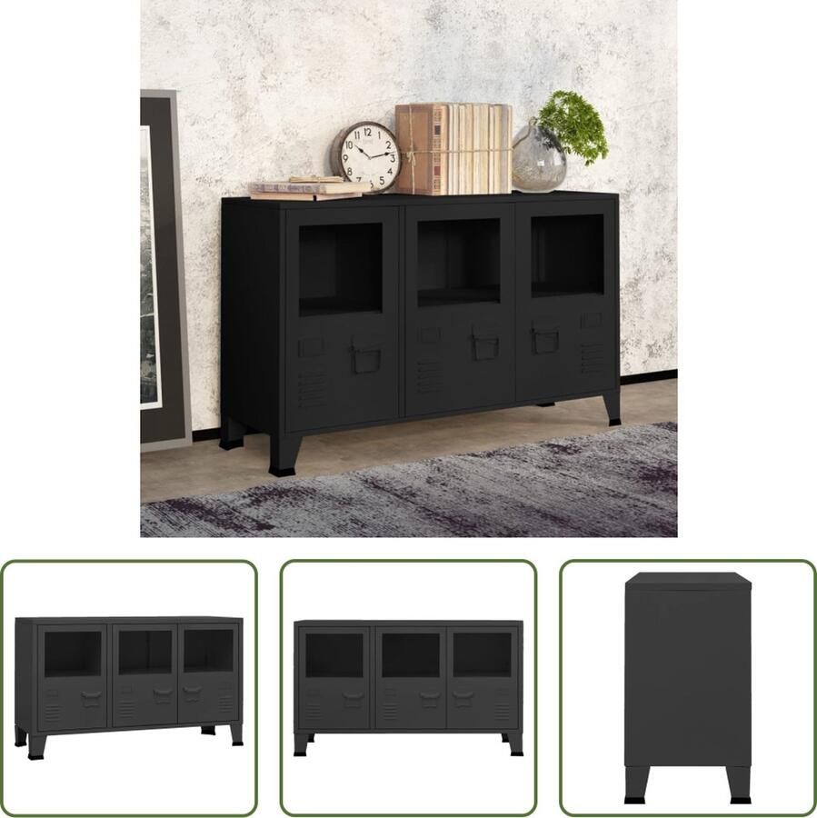 The Living Store Dressoir Industrieel Zwart 105 x 35 x 62 cm Metalen en glazen kast met labelhouders en ventilatieopeningen Draagvermogen 40 kg Montage vereist