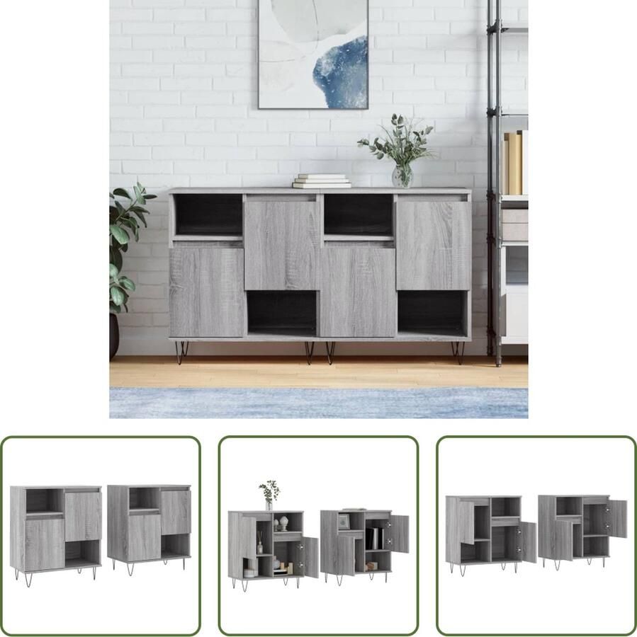 The Living Store Dressoirs 2 st bewerkt hout grijs sonoma eikenkleurig Dressoir Grijssoma Eiken Houten Kast Opbergruimte Salontafel