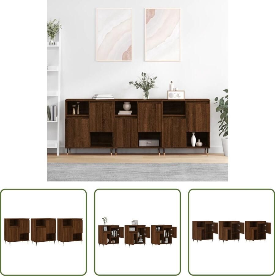 The Living Store Dressoirs 3 st bewerkt hout bruin eikenkleur Dressoir Woonkamer Salontafel Vintage Klassiek