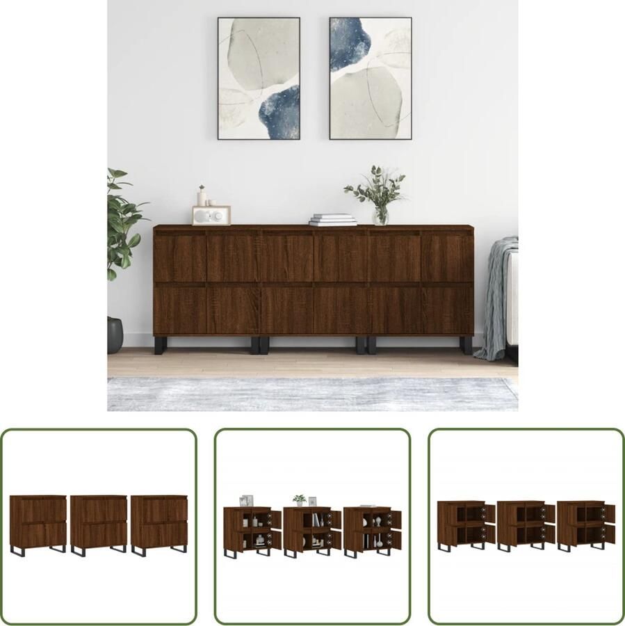 The Living Store Dressoirs 3 st bewerkt hout bruin eikenkleur Dressoir Woonaccessoires Vintage Meubel Houten Dressoir Bruine Eiken Kleur