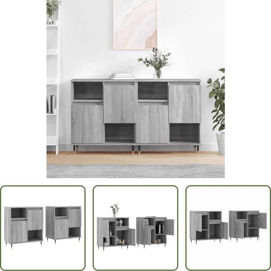 The Living Store Dressoirs 2 st bewerkt hout grijs sonoma eikenkleurig Dressoir Klassiek Dressoir Grijze Dressoir Houten Dressoir Salontafel