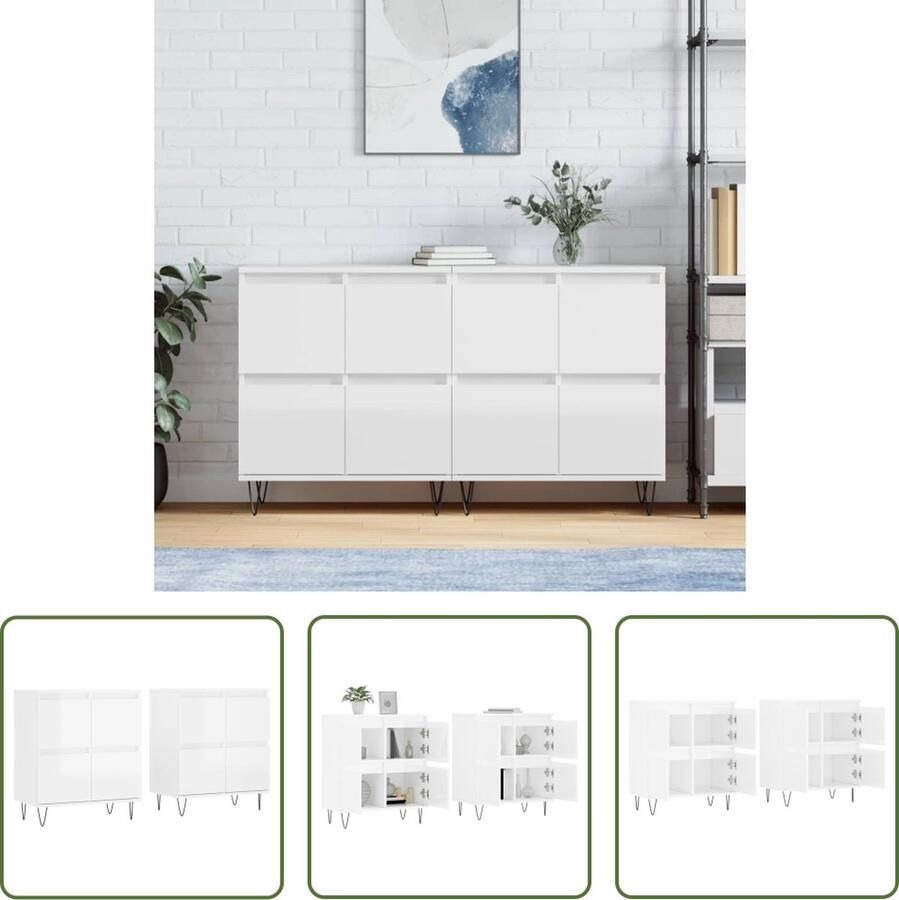 The Living Store Dressoirs 2 st bewerkt hout hoogglans wit Dressoir Commode Vintage Dresser Houten Dressoir Klassiek Dressoir