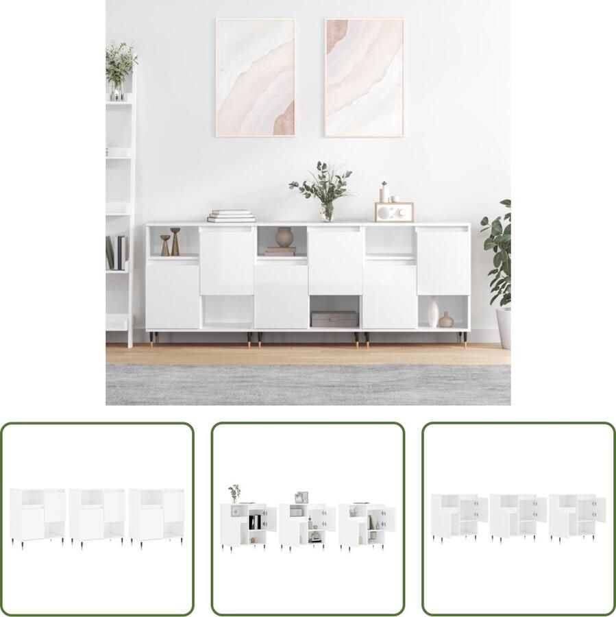 The Living Store Dressoirs 3 st bewerkt hout hoogglans wit Dressoir Commode Vintage Modern Klassiek