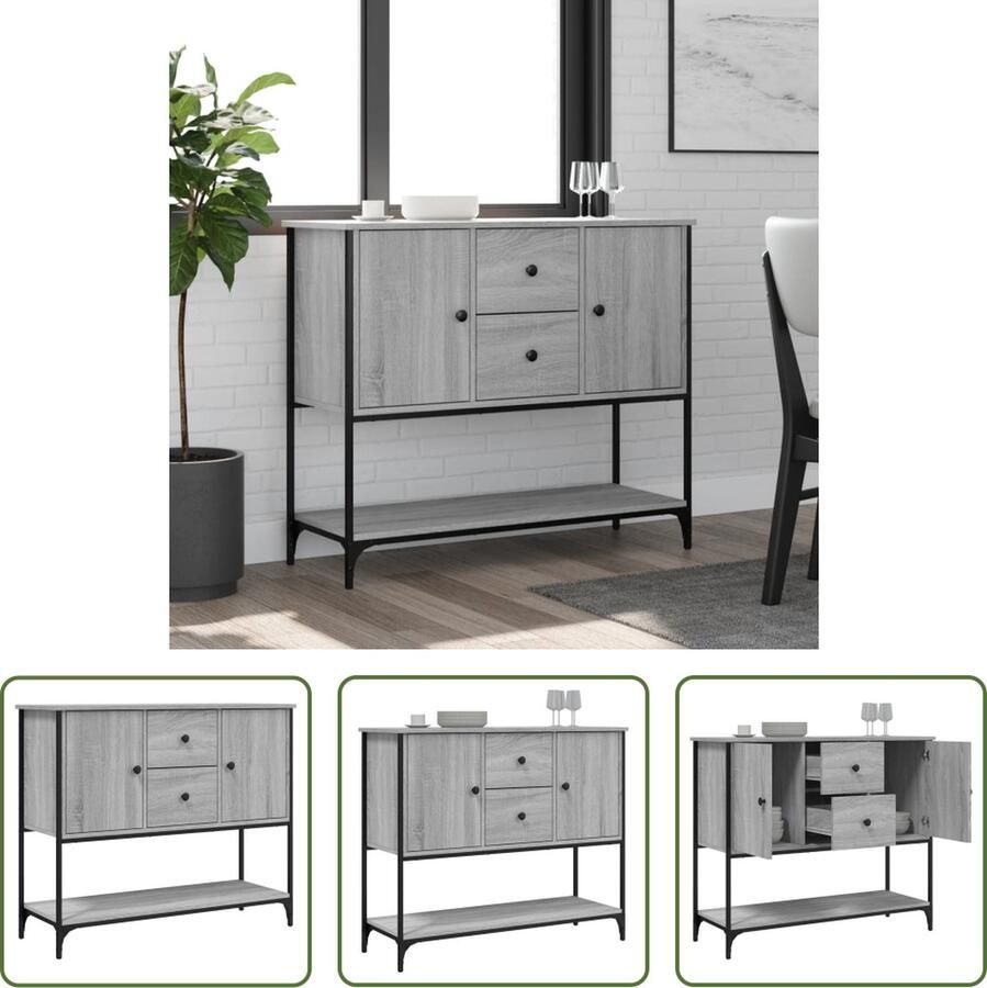 The Living Store Dressoir 100x36x85 cm bewerkt hout grijs sonoma Dressoir Klassiek Meubel Grijze Eiken Houten Dressoir Opbergkast