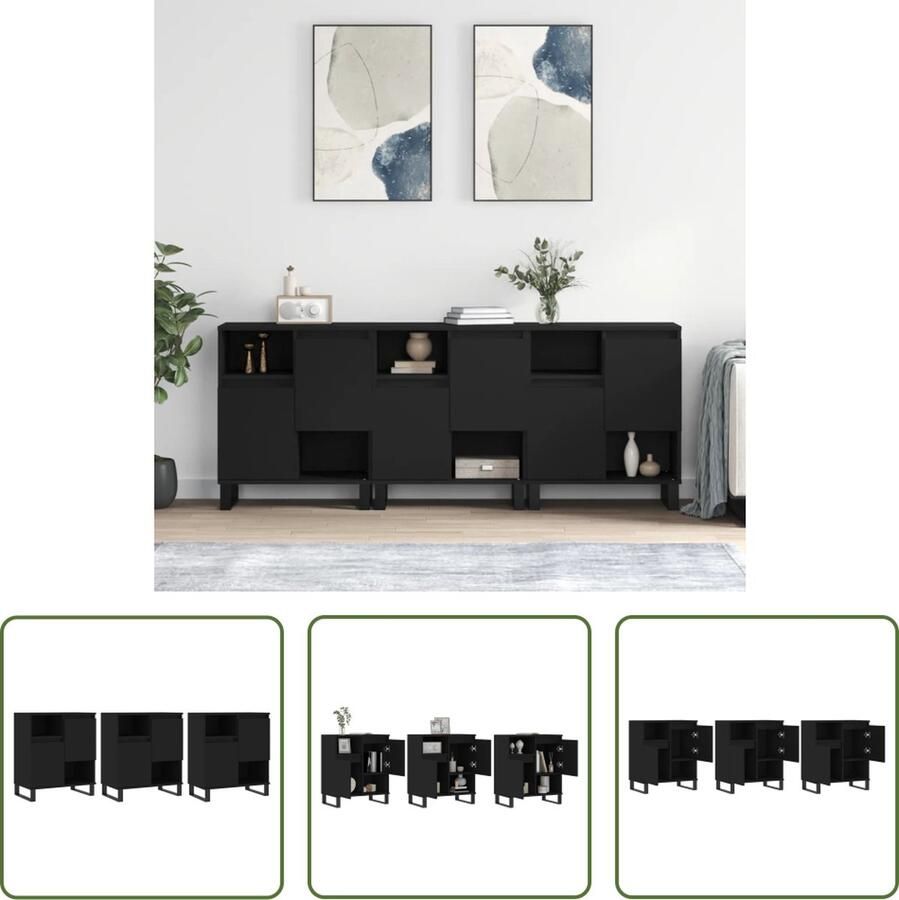 The Living Store Dressoir Klassiek Zwart 180 x 35 x 70 cm Bewerkt hout en metaal