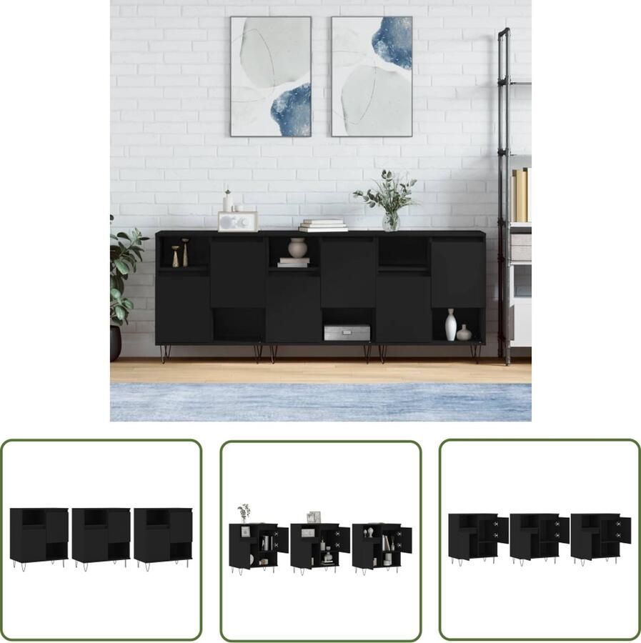 The Living Store Dressoir Klassiek Zwart 180 x 35 x 70 cm Bewerkt Hout