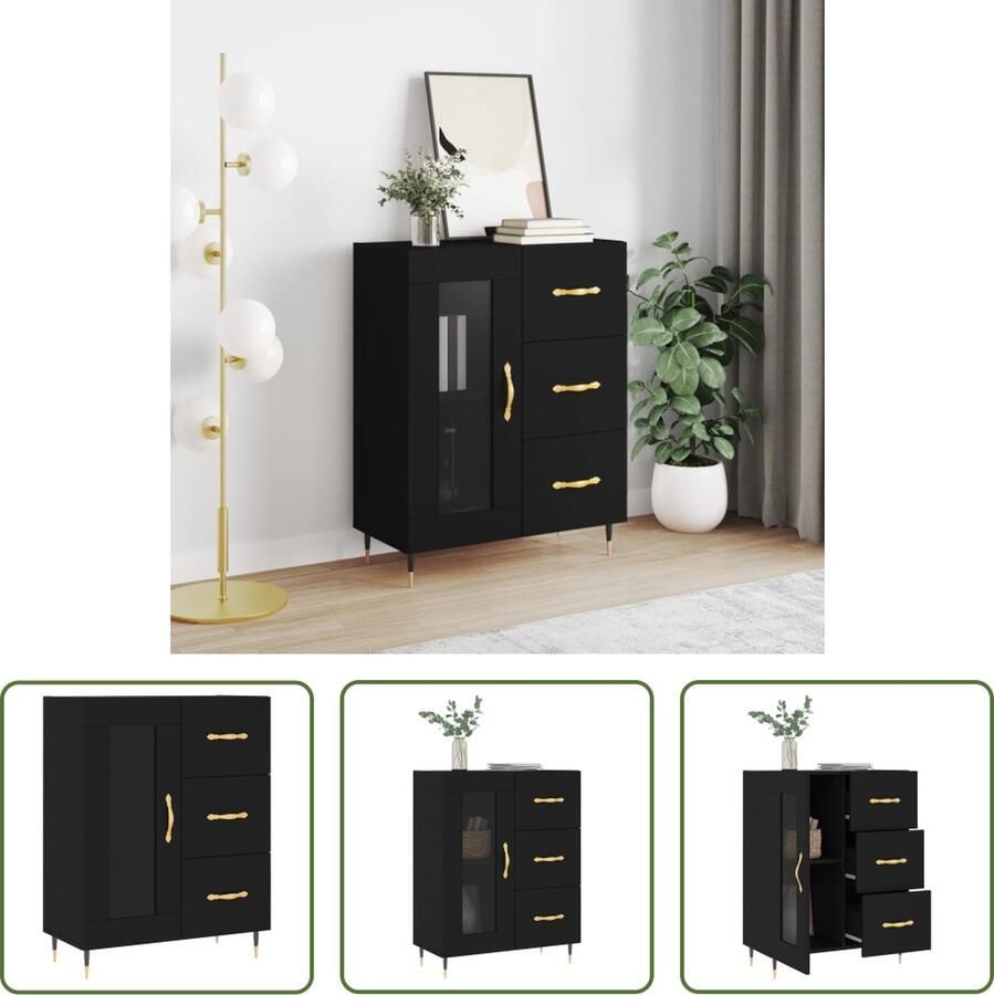 The Living Store Dressoir 69 5x34x90 cm bewerkt hout zwart Dressoir Klassiek Meubel Zwarte Dressoir Houten Dressoir Opbergmeubel - Foto 2