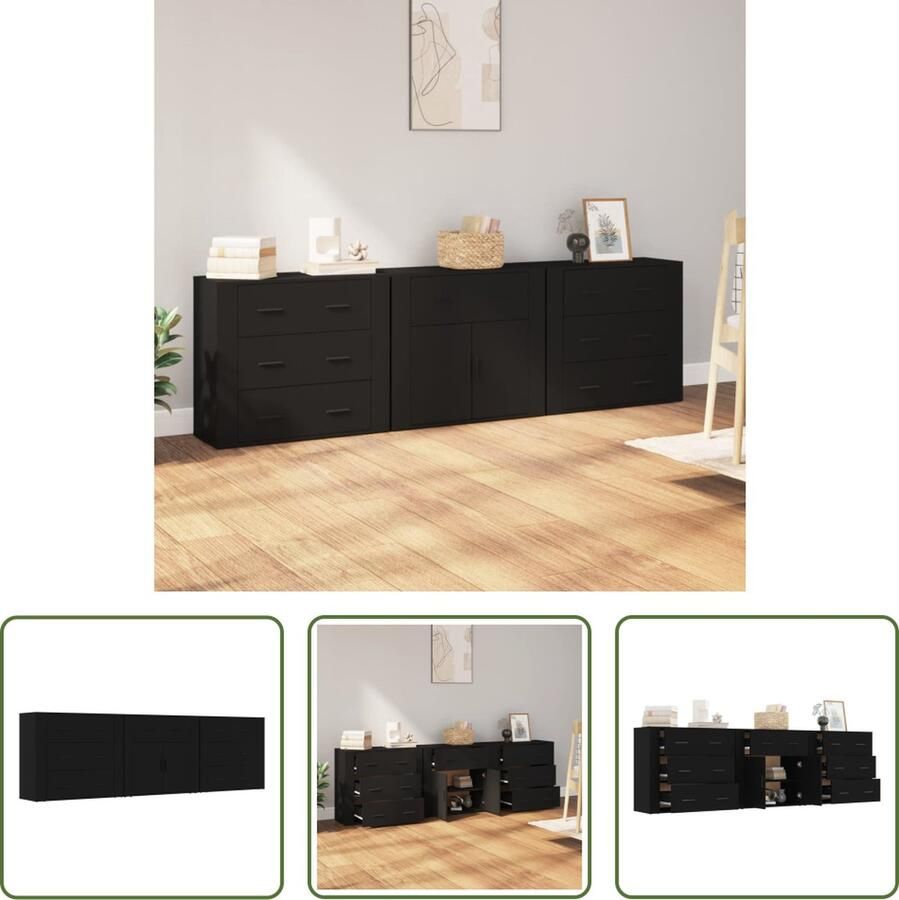 The Living Store Dressoirs 3 st bewerkt hout zwart Dressoir Houten Dressoir Vintage Dressoir Klassiek Dressoir Zwarte Dressoir - Foto 6