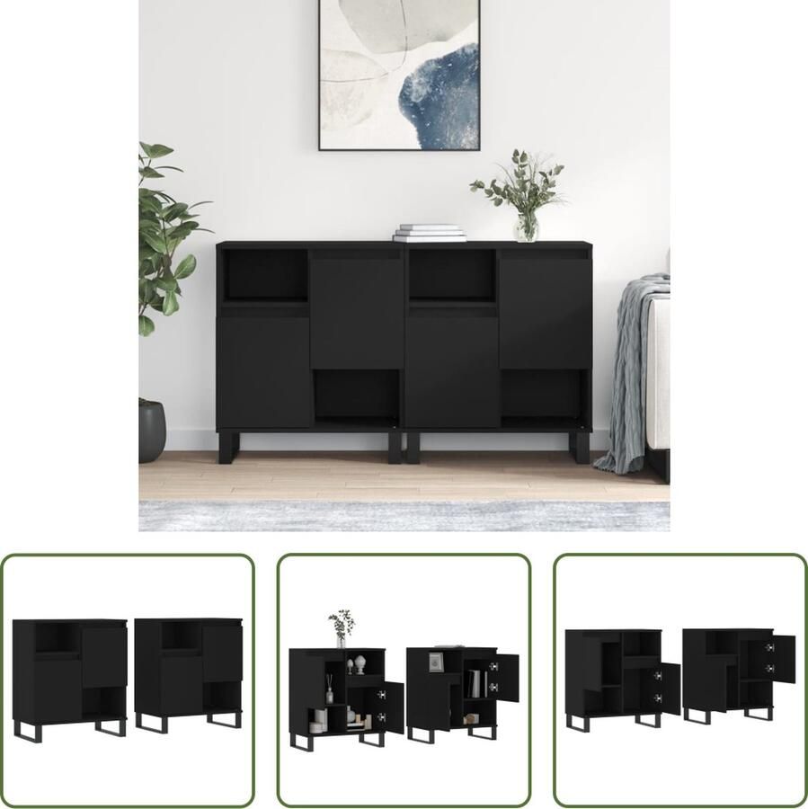 The Living Store Dressoirs 2 st bewerkt hout zwart Keukenkast