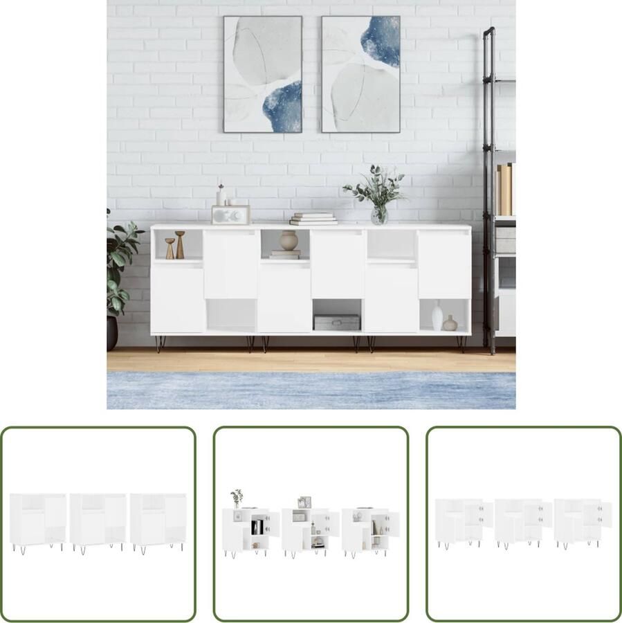 The Living Store Dressoirs 3 st bewerkt hout wit Dressoir Vintage Meubel Houten Dressoir Witte Dressoir Opbergmeubel