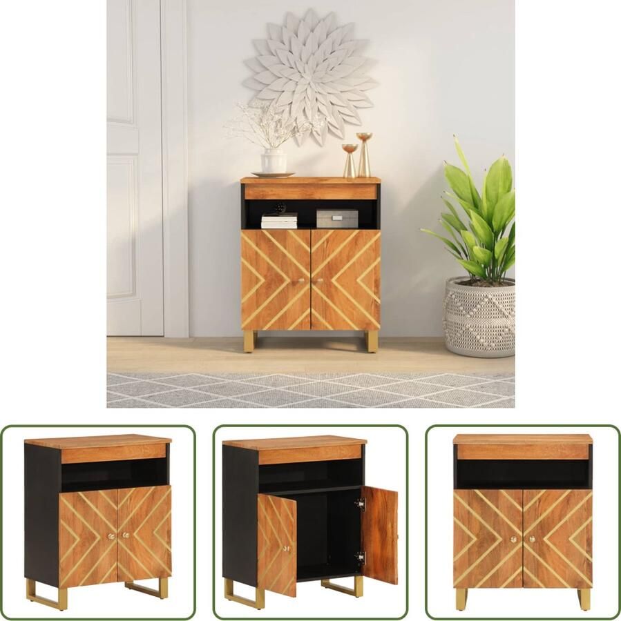 The Living Store Dressoir 60x33 5x75 cm massief mangohout bruin en zwart Dressoir Mango Wood Vintage Dresser Houten Dressoir Salontafel