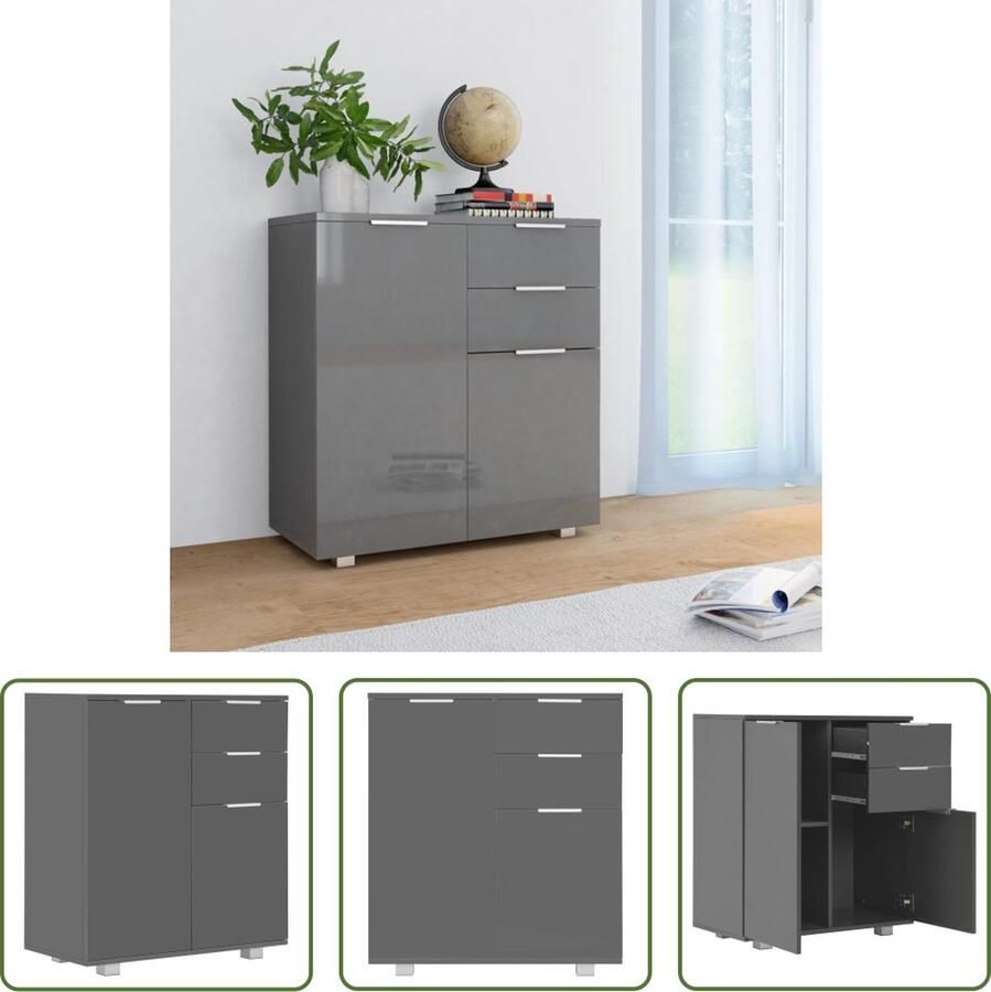 The Living Store Dressoir 71x35x80 cm spaanplaat hoogglans grijs Dressoir Kast Opbergkast Salontafel Livingroom Furniture