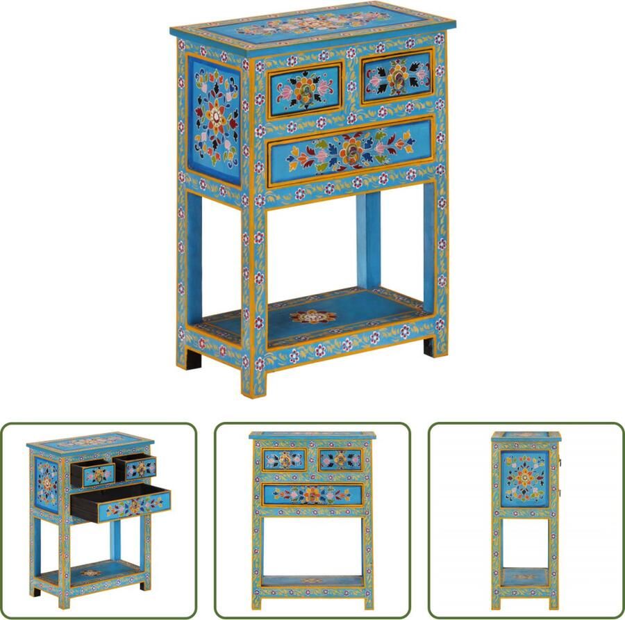 The Living Store Dressoir 55x30x76 cm massief mangohout turquoise Dressoir Mango Wood Vintage Handbeschilderd Opbergkast