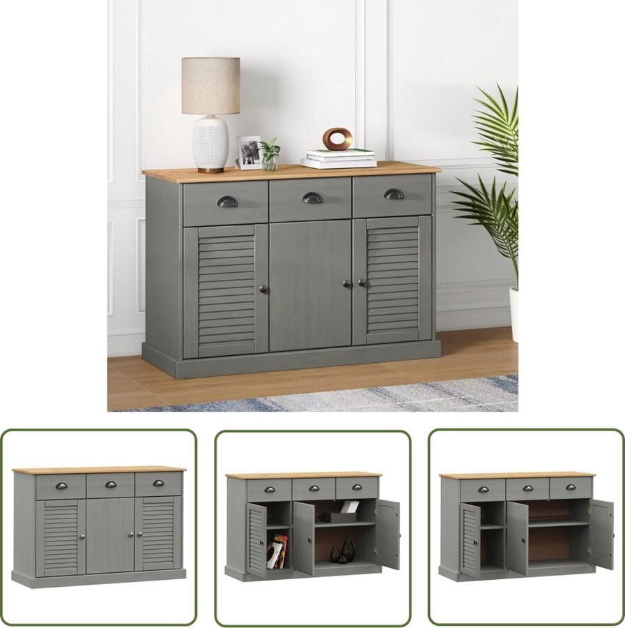 The Living Store Dressoir met lades VIGO 113x40x75 cm massief grenenhout grijs Dressoirkast Opbergkast Grenoble Hout Vintage Stijl Salontafel